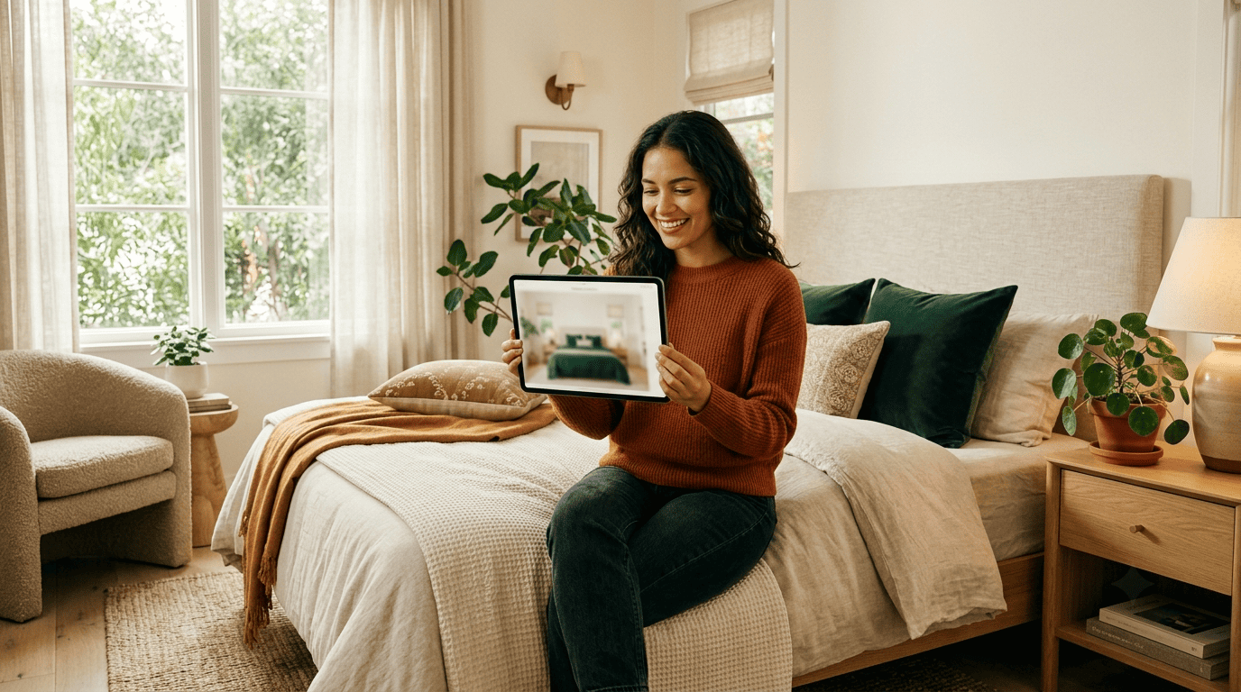 Homeowner sitting on her bed holding a tablet that shows an AI redesign of the bedroom