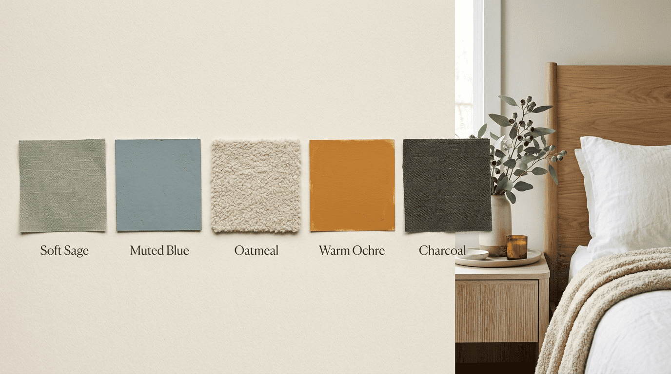 A bedroom color-palette board with soft sage, muted blue, oatmeal, warm ochre and charcoal swatches