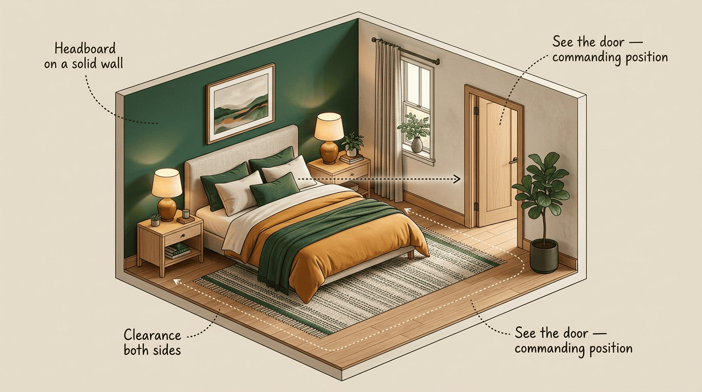 Cutaway bedroom layout diagram showing bed placement, clearance and a clear sightline to the door