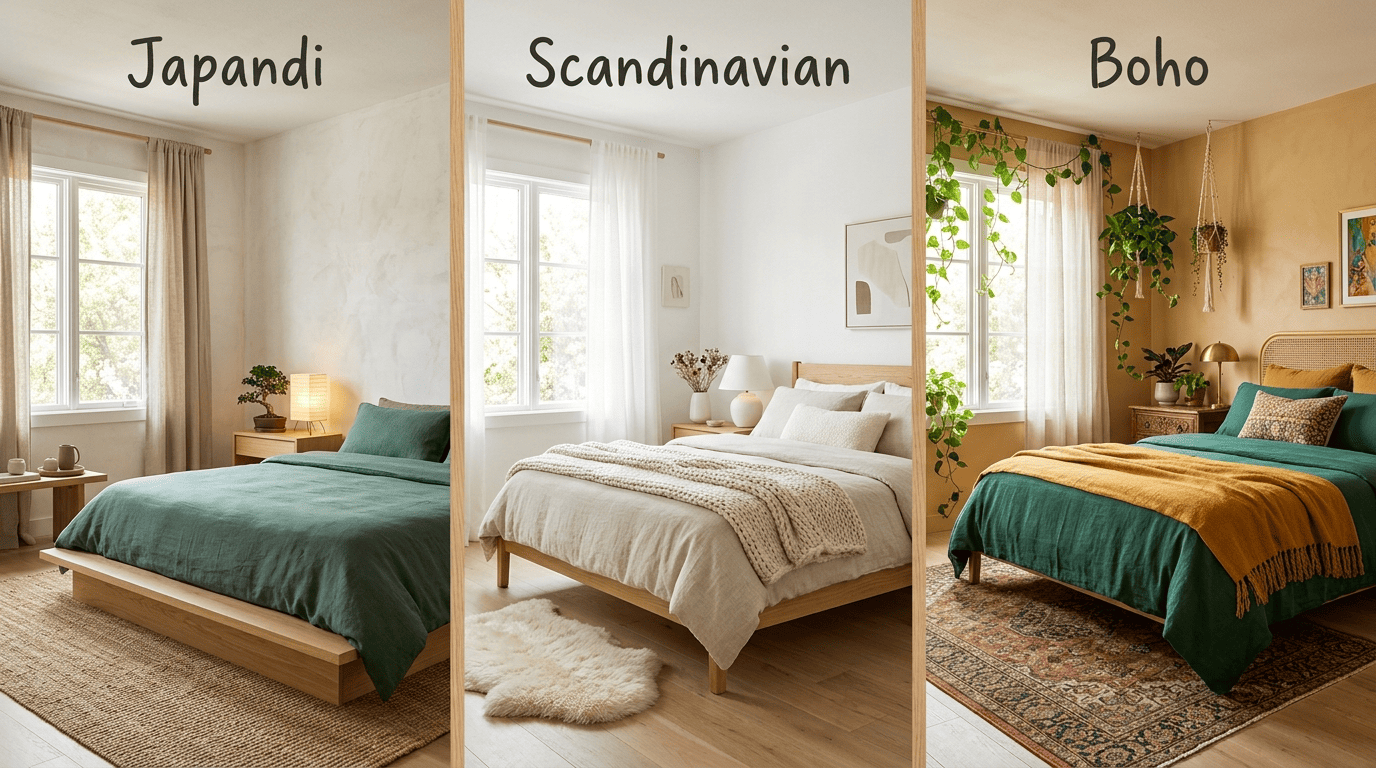 Side-by-side comparison of the same bedroom styled as Japandi, Scandinavian and boho