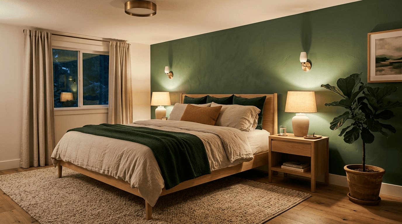Cozy evening primary bedroom with warm layered lighting, linen bedding and a green boucle throw
