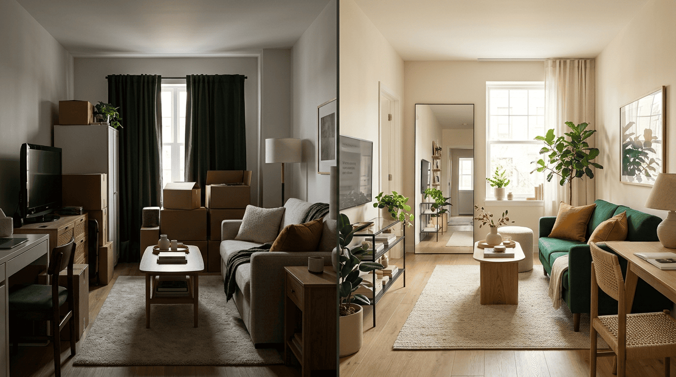 Before-and-after of a small studio apartment: a cluttered, dim room on the left and a bright, airy AI redesign with a light palette and plants on the right