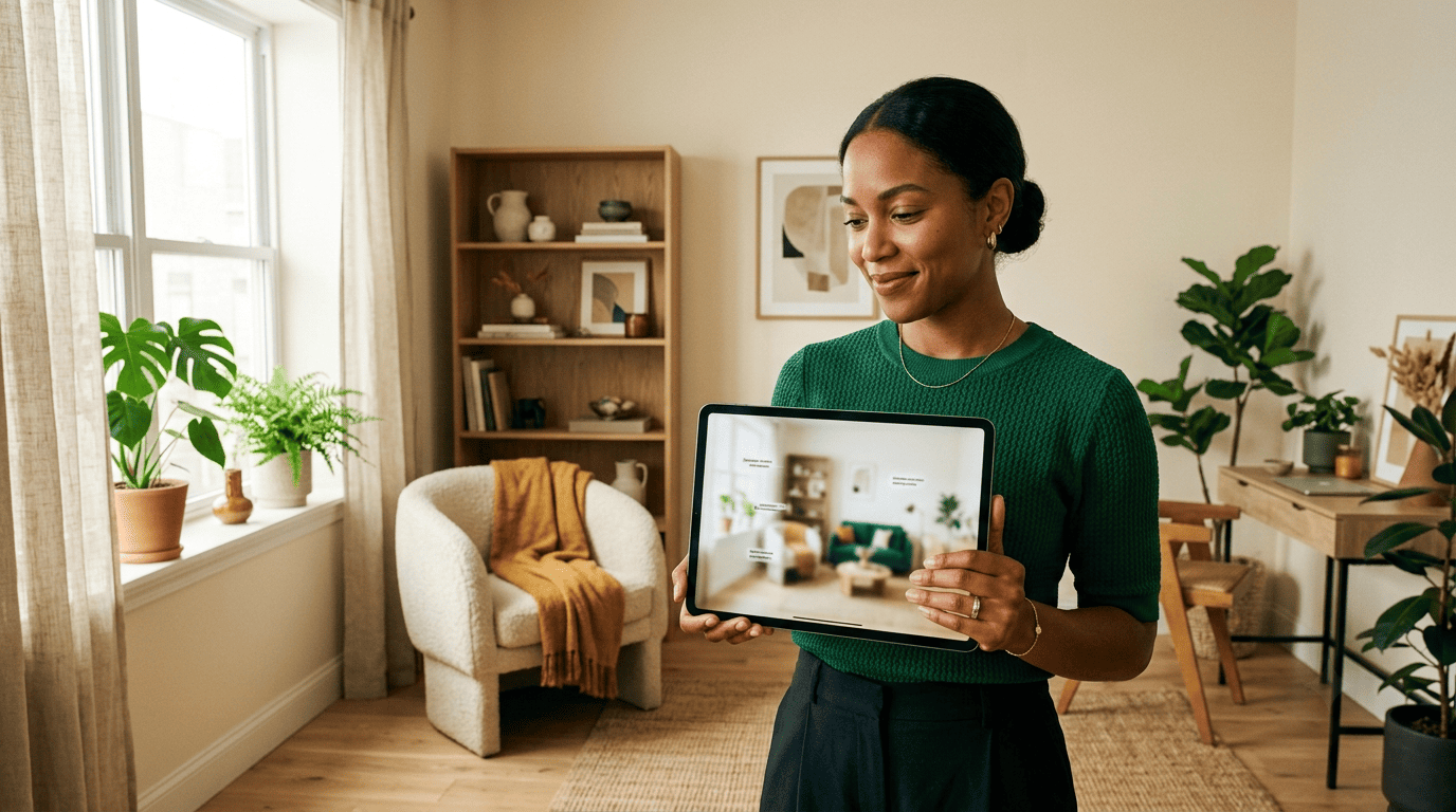 Interior designer holding a tablet that shows an AI redesign of a small room, standing in a sunlit studio