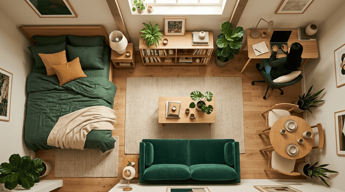 Overhead view of a small studio divided into sleep, work and lounge zones with a rug, a low bookcase and plants instead of walls