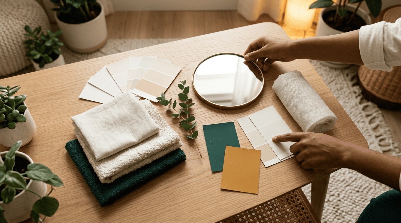 Interior moodboard for a small space: light paint swatches, linen and boucle fabric samples, a round mirror and emerald and ochre accents