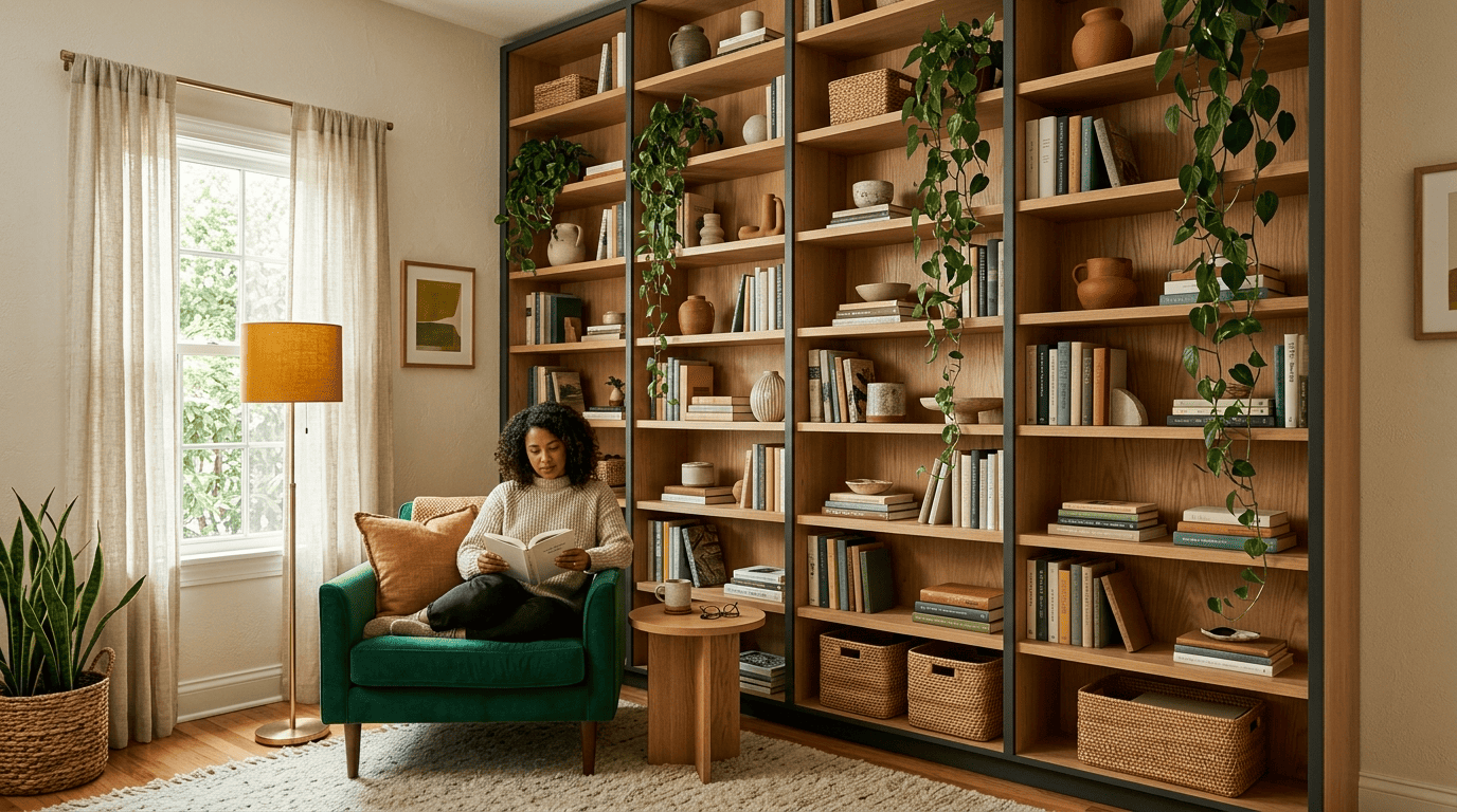 Small room with a floor-to-ceiling oak shelving wall styled with books, ceramics and plants, and an emerald reading chair below