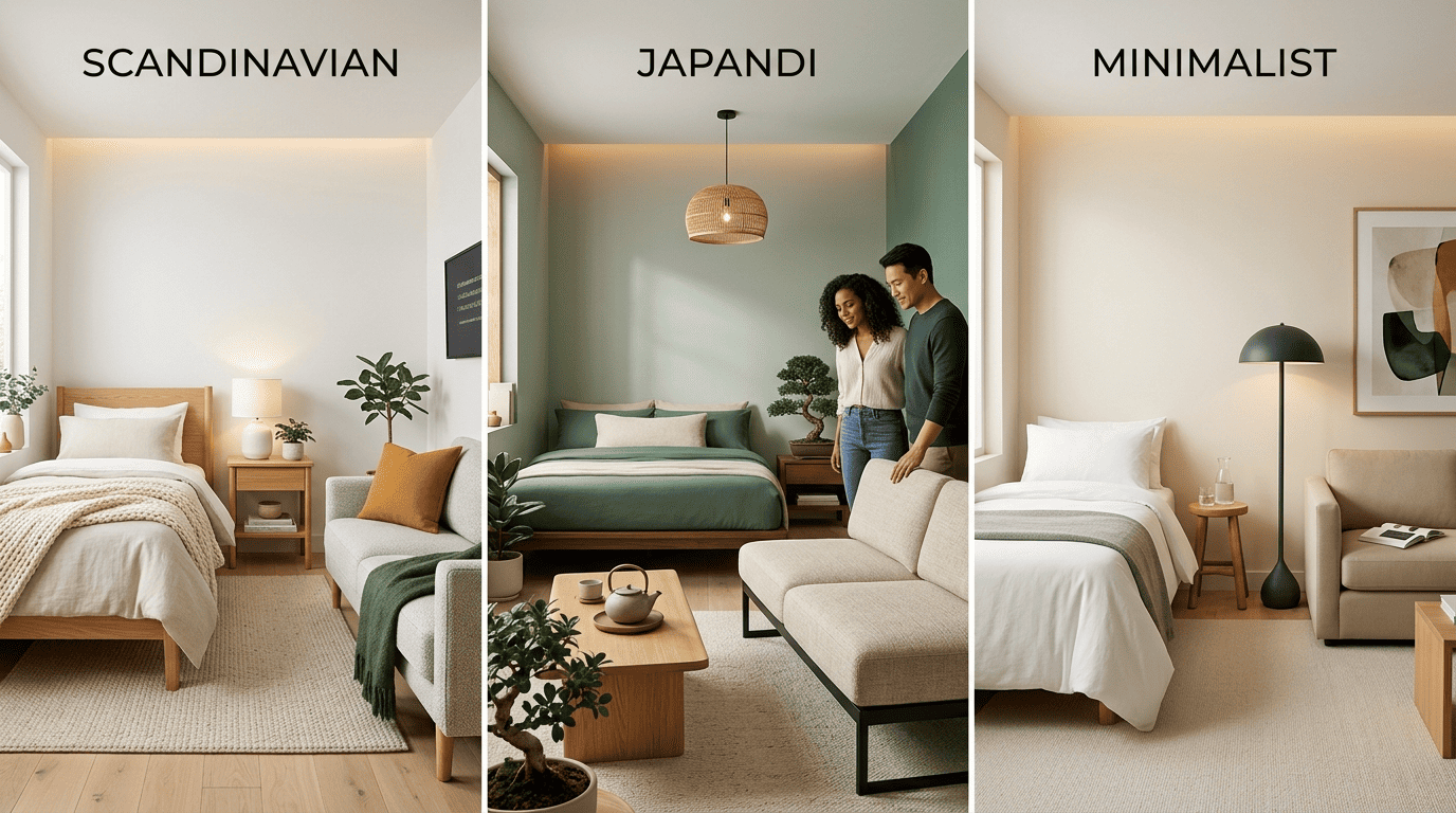 The same small room shown in three interior styles side by side: Scandinavian, Japandi and minimalist