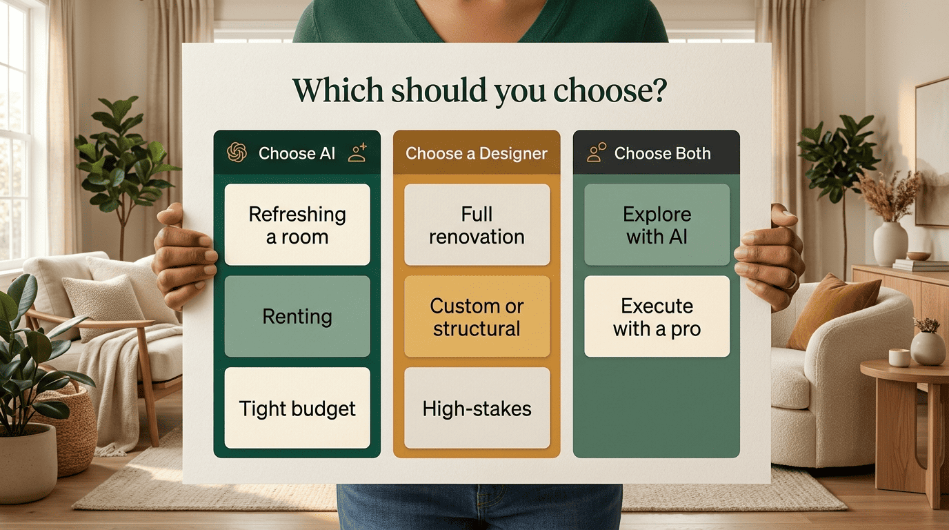 Decision chart showing when to choose AI, when to choose a designer, and when to use both