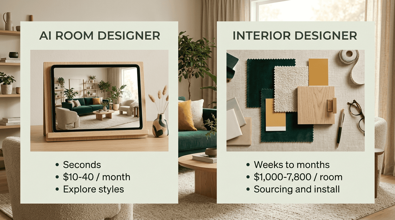 Side-by-side comparison of an AI room designer and a professional interior designer with cost and speed labels