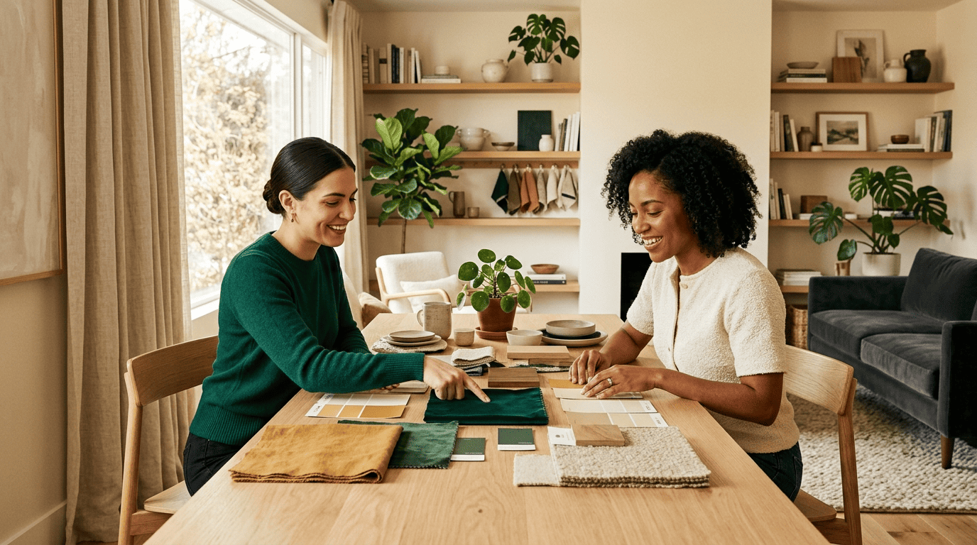 An interior designer reviewing fabric swatches and a moodboard with a client at a table