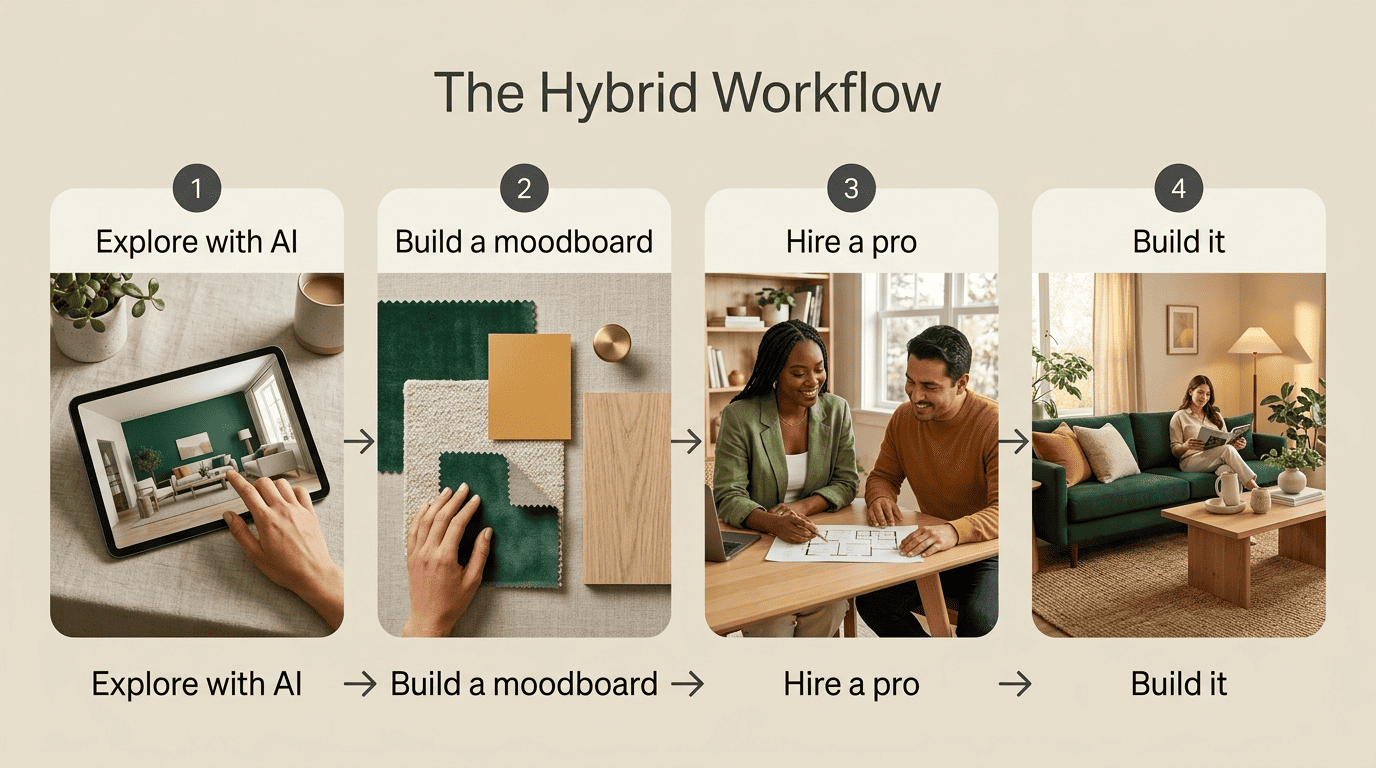 Four-step hybrid workflow diagram: explore with AI, build a moodboard, hire a pro, build it