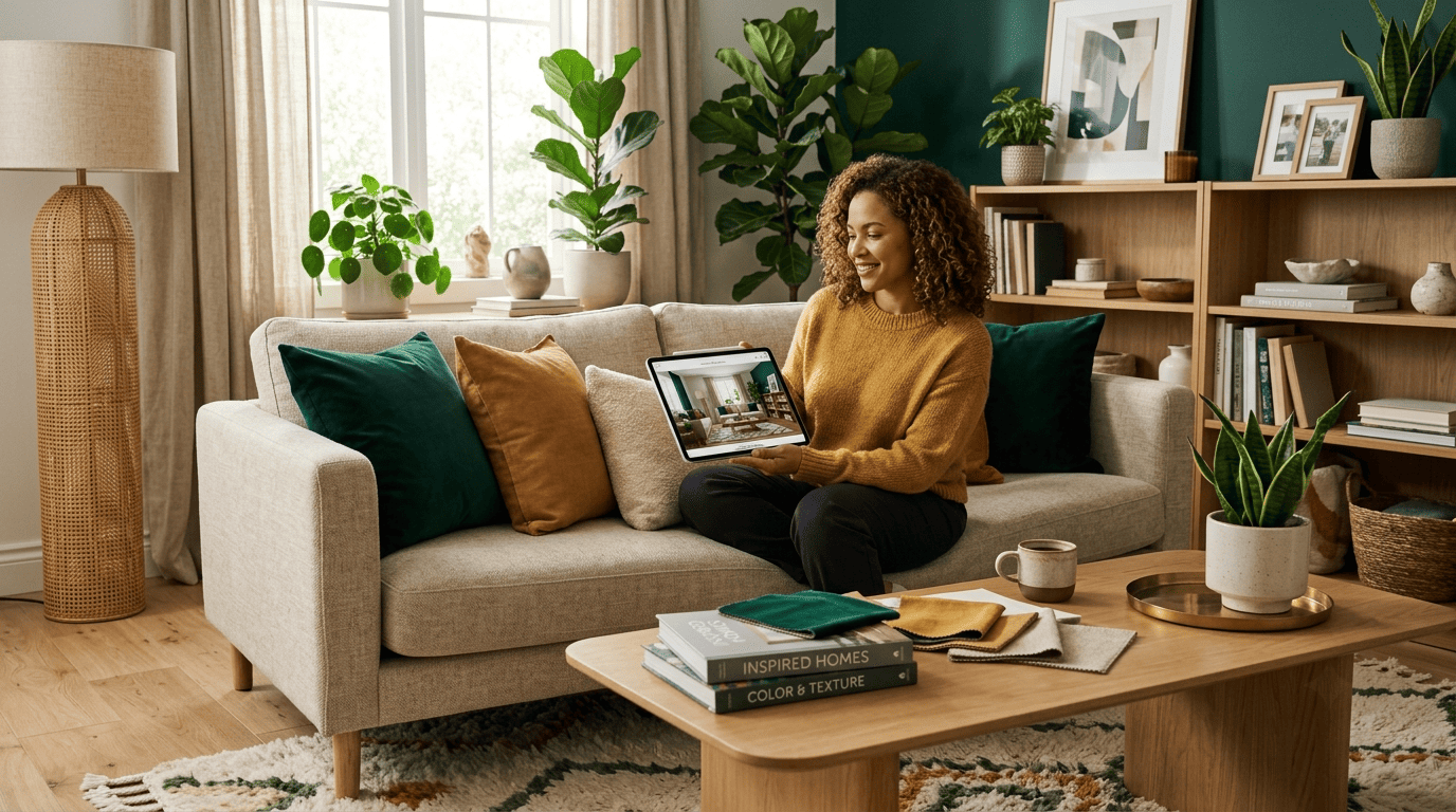A homeowner exploring interior design styles on a tablet showing a redesigned living room