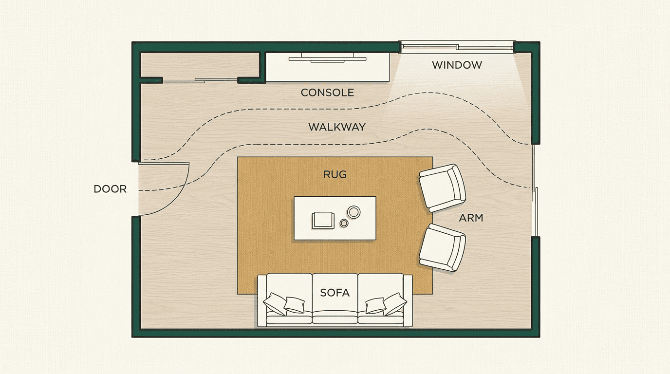 Top-down floor plan of a living room showing a sofa, armchairs, rug, console, window and an open walkway