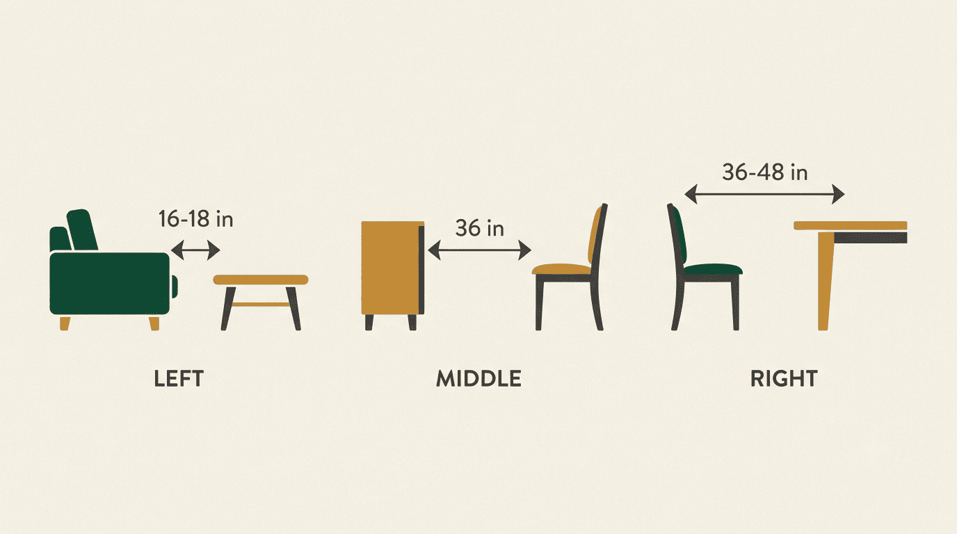 Interior-design measurement infographic showing sofa-to-coffee-table, walkway and dining-chair clearances