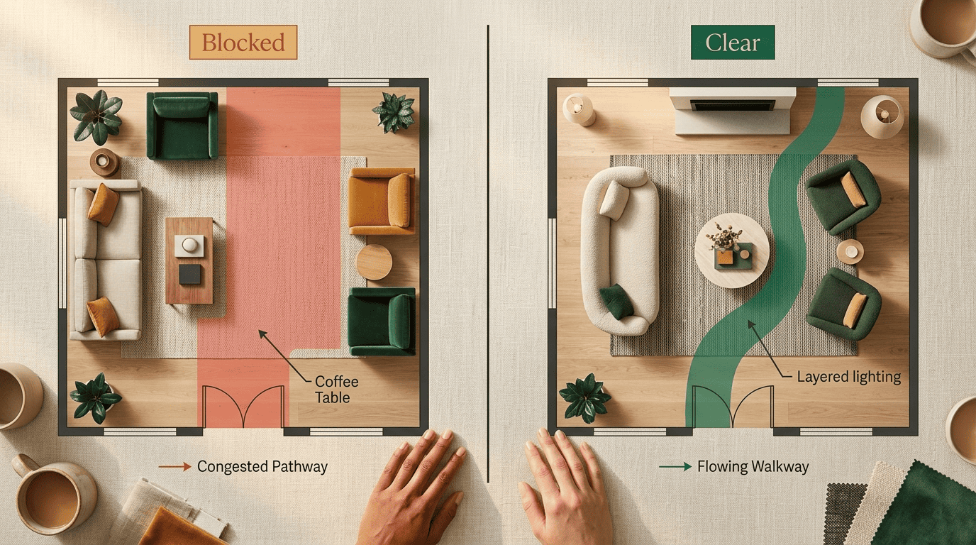 Side-by-side top-down comparison of a blocked, congested room versus one with a clear open walkway