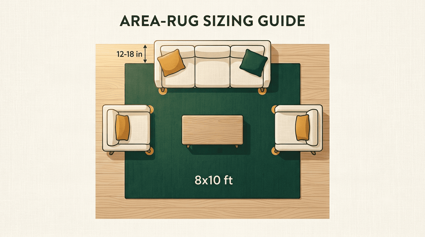 Top-down area-rug sizing guide showing a seating group with the front legs resting on an 8x10 ft rug