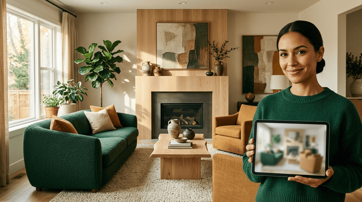 Designer holding a tablet showing a room render, in a living room arranged around a fireplace focal point