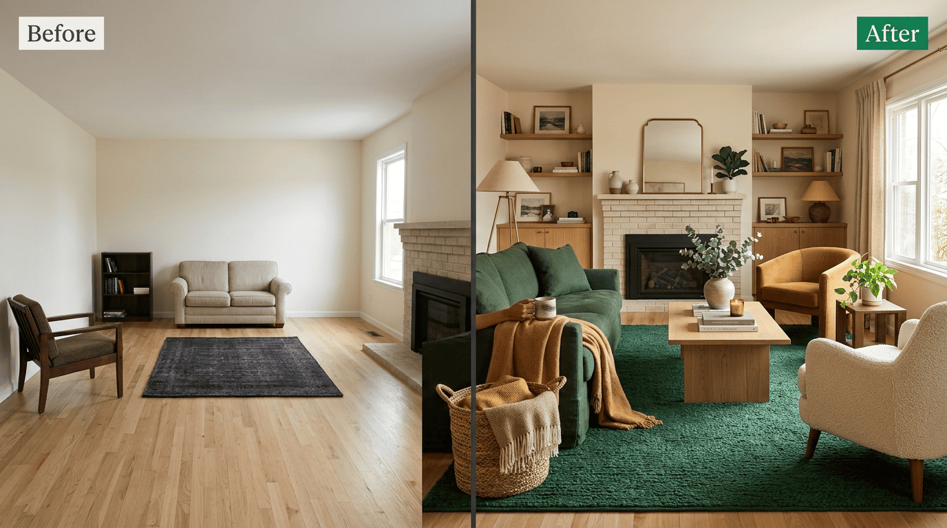 Before-and-after comparison of a living room arrangement, from furniture against the walls to a cozy floating layout
