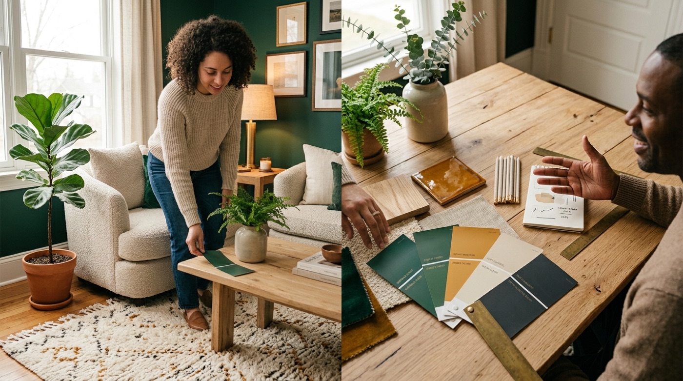 A fan of paint swatches and a curated color palette for a room in emerald, ochre, cream and charcoal