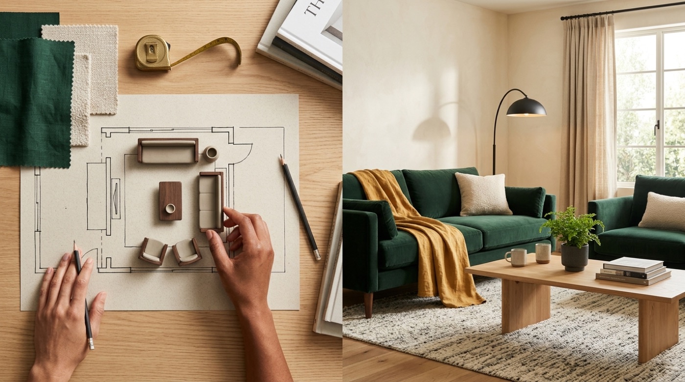 A top-down furniture layout and floor plan for a room with pieces arranged, next to the styled result