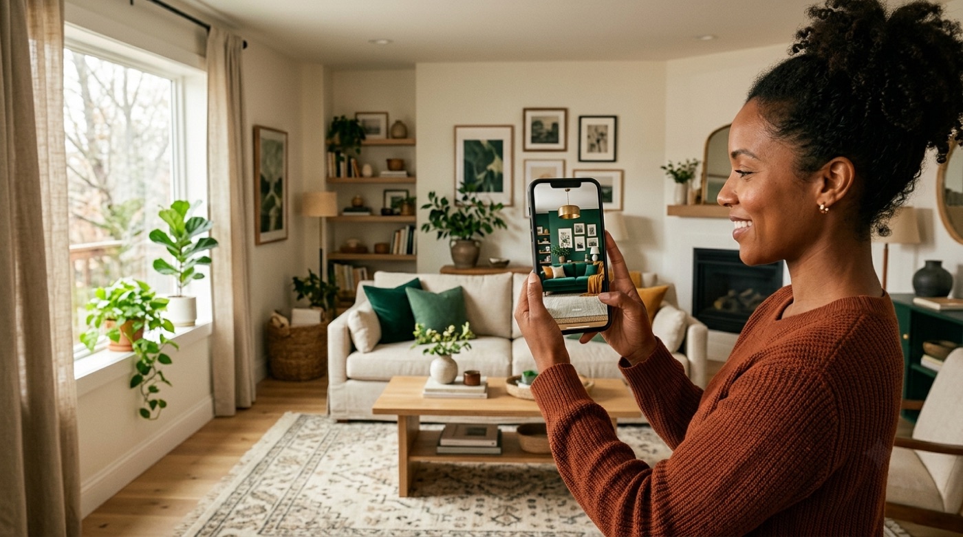 A person points a phone at their room and the app shows a gorgeous redesigned version of the same space