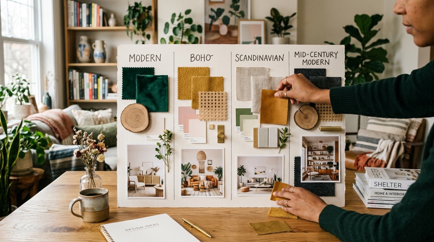 A designer moodboard comparing interior styles — modern, boho, Scandinavian, mid-century — with fabric swatches and room vignettes