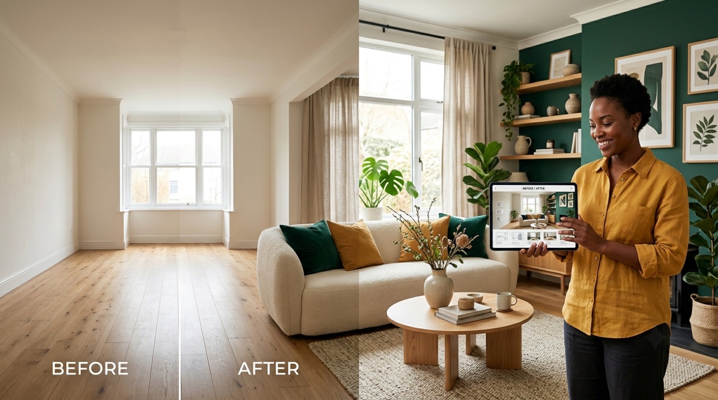 A before-and-after of a room redesigned with an AI room designer: a plain empty room on the left, a beautifully styled emerald-and-ochre living room on the right