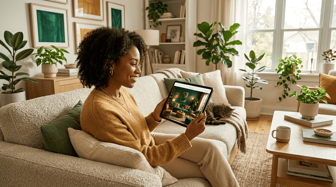 Homeowner on a sofa holding a tablet that shows an emerald-and-ochre AI redesign of her own living room