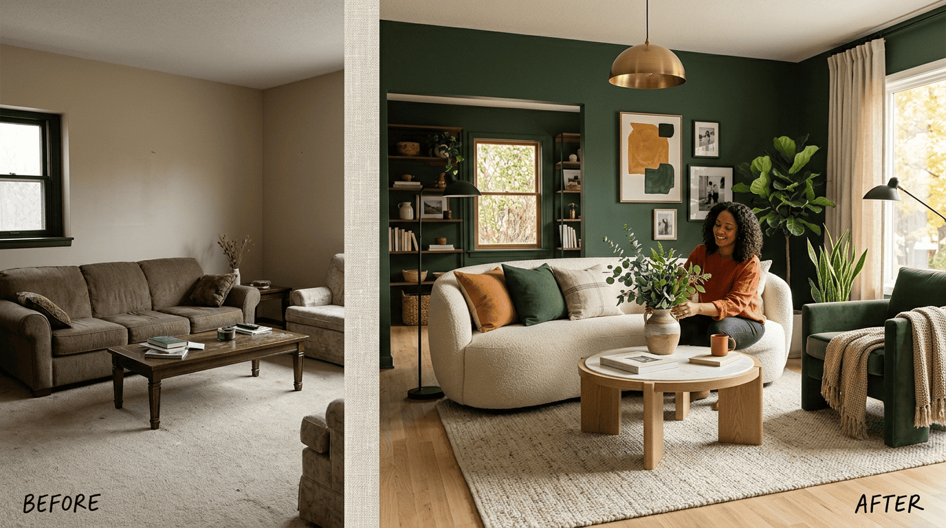 Before and after split of the same living room, dated on the left and AI-redesigned in emerald and ochre on the right