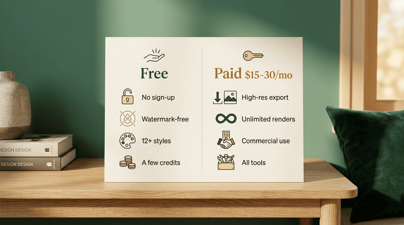 Two-column comparison card listing free-tier perks versus paid-plan features of an AI room designer