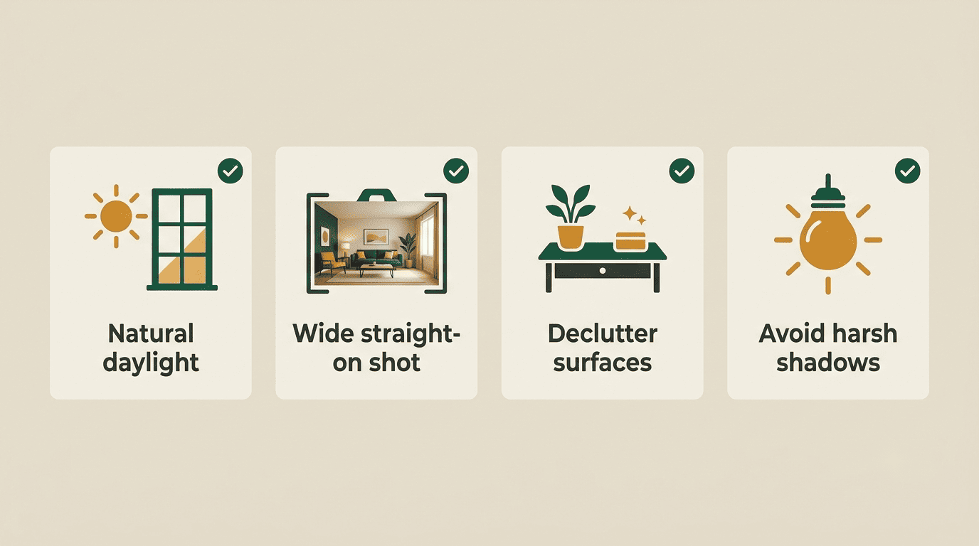 Four-tile checklist for a good input photo: natural daylight, wide straight-on shot, decluttered surfaces, no harsh shadows