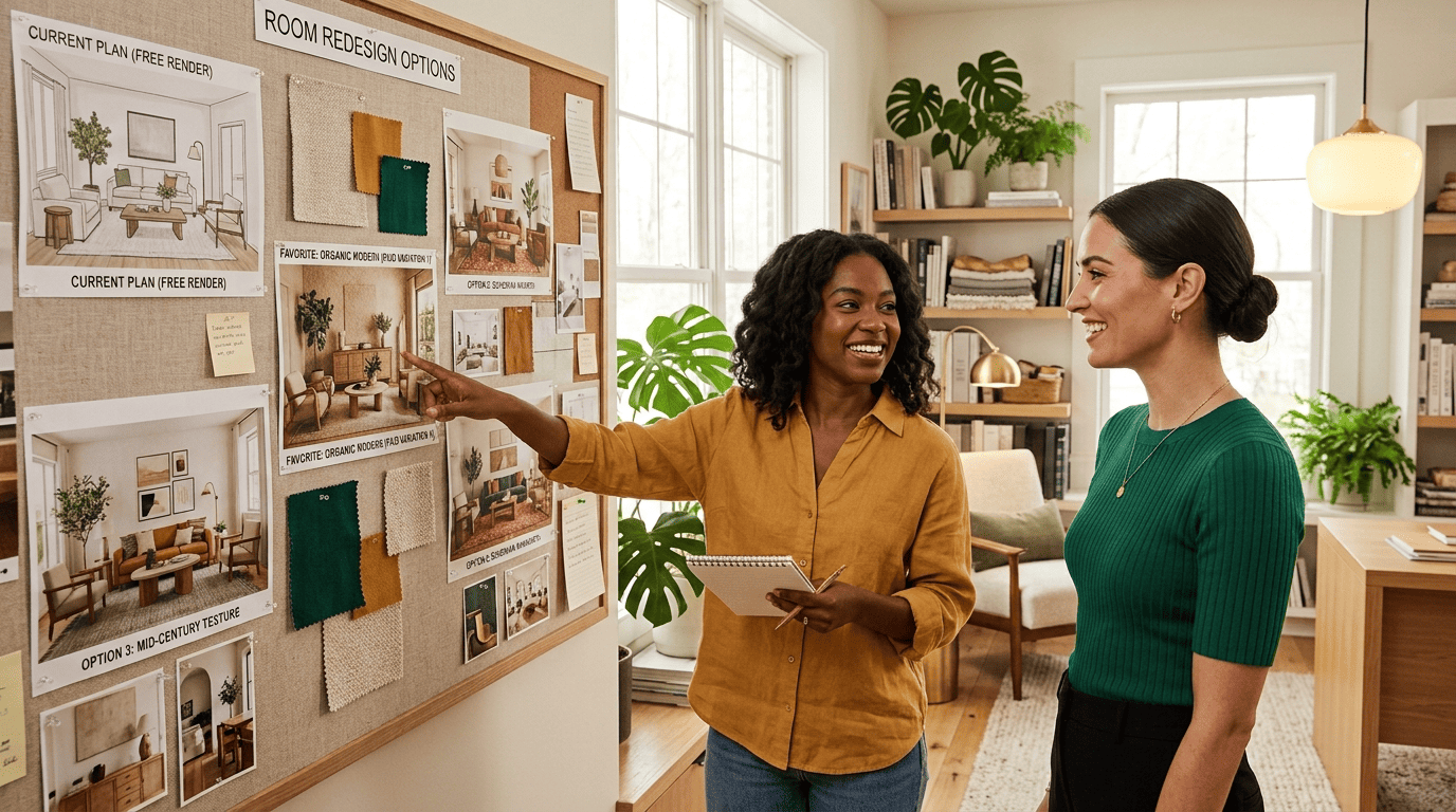 Interior designer and homeowner reviewing a moodboard of several room-redesign variations pinned side by side