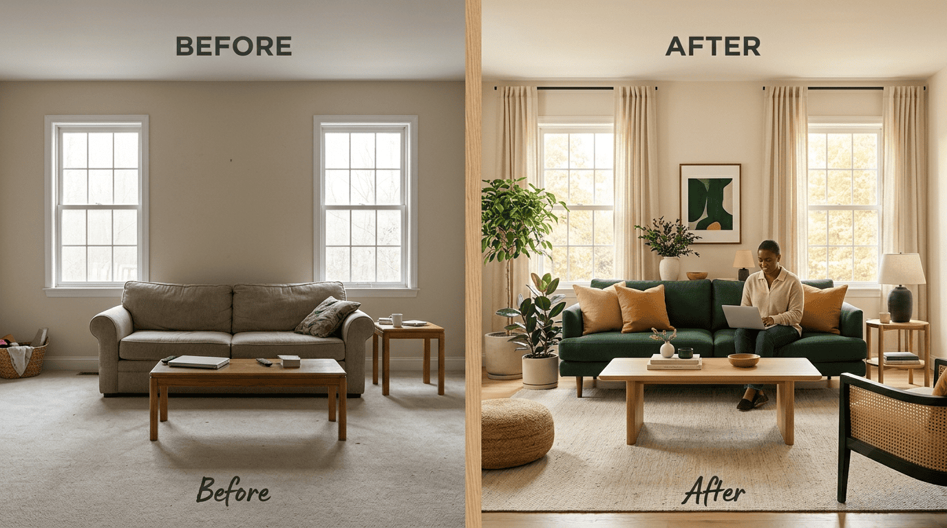 Before-and-after of the same living room from one photo — walls and windows kept, furniture restyled in emerald and ochre