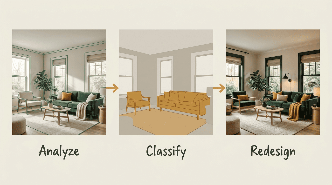 Three-step diagram: analyze the room, classify each pixel, then redesign it with a diffusion model