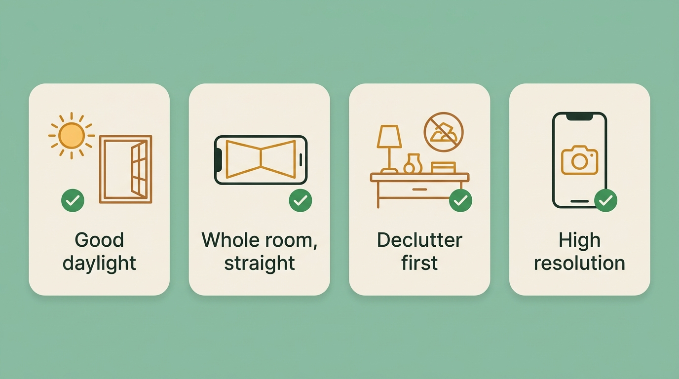 Checklist for a good room photo: good daylight, whole room and straight, declutter first, high resolution