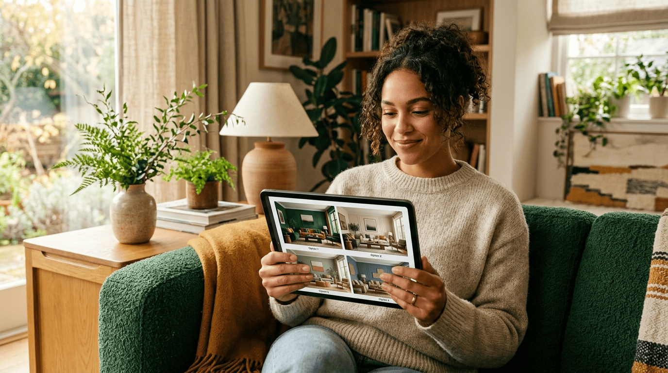 Person on a sofa comparing four AI room design variations side by side on a tablet