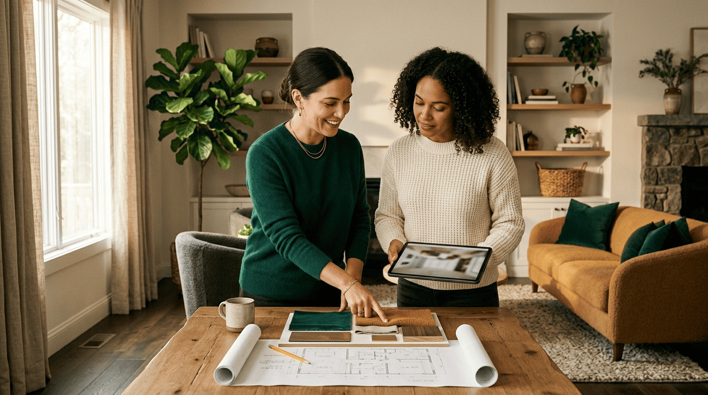 Interior designer and homeowner reviewing an AI render alongside a floor plan and material samples
