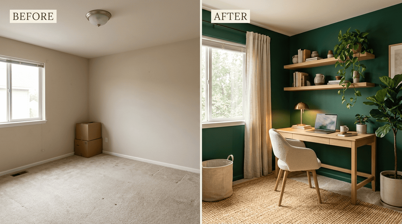 Before-and-after of a spare bedroom redesigned into a home office with an AI room designer