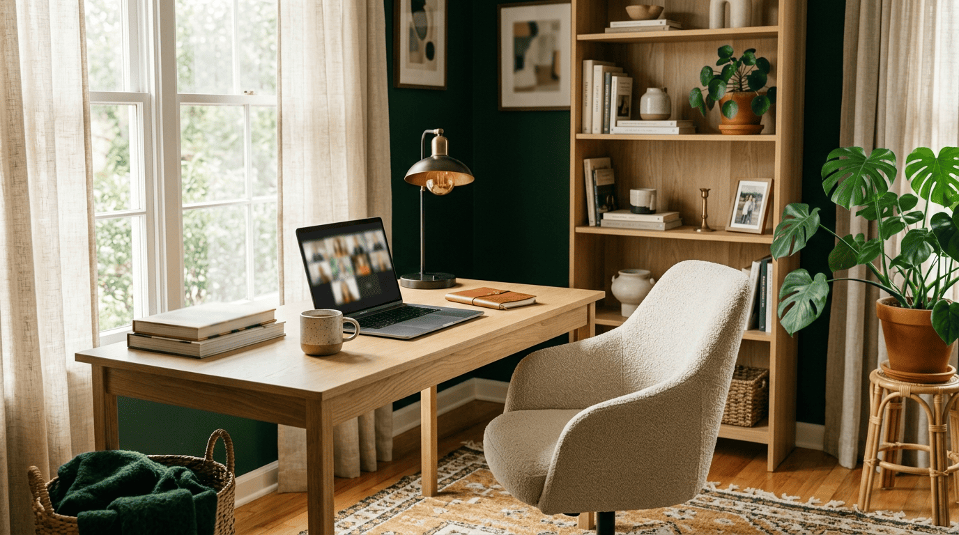 Home office desk placed side-on to a window for flattering video-call lighting