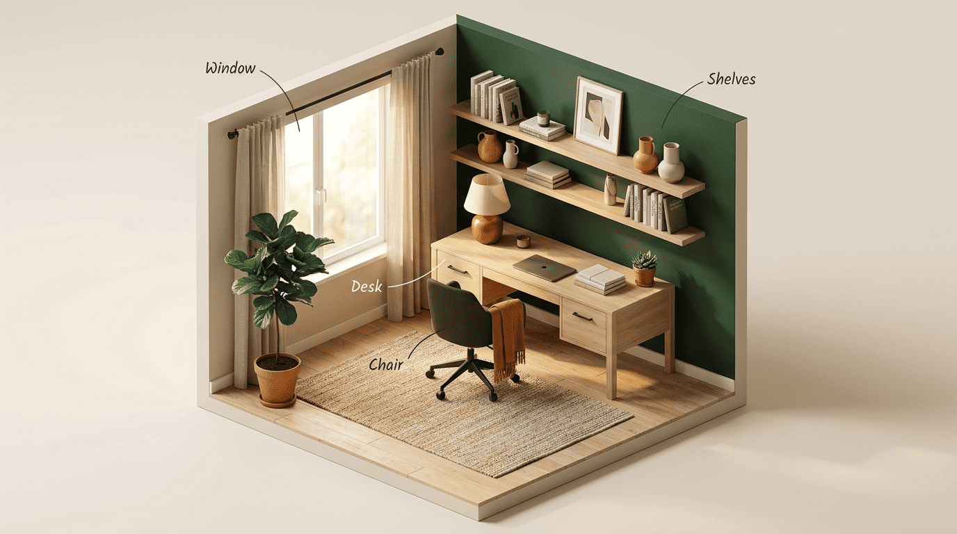 Isometric cutaway layout of a small home office with the desk placed beside the window