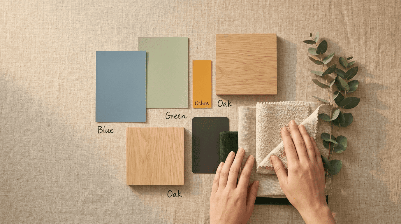 Interior moodboard with calm blue, green and ochre paint swatches and oak samples for a home office