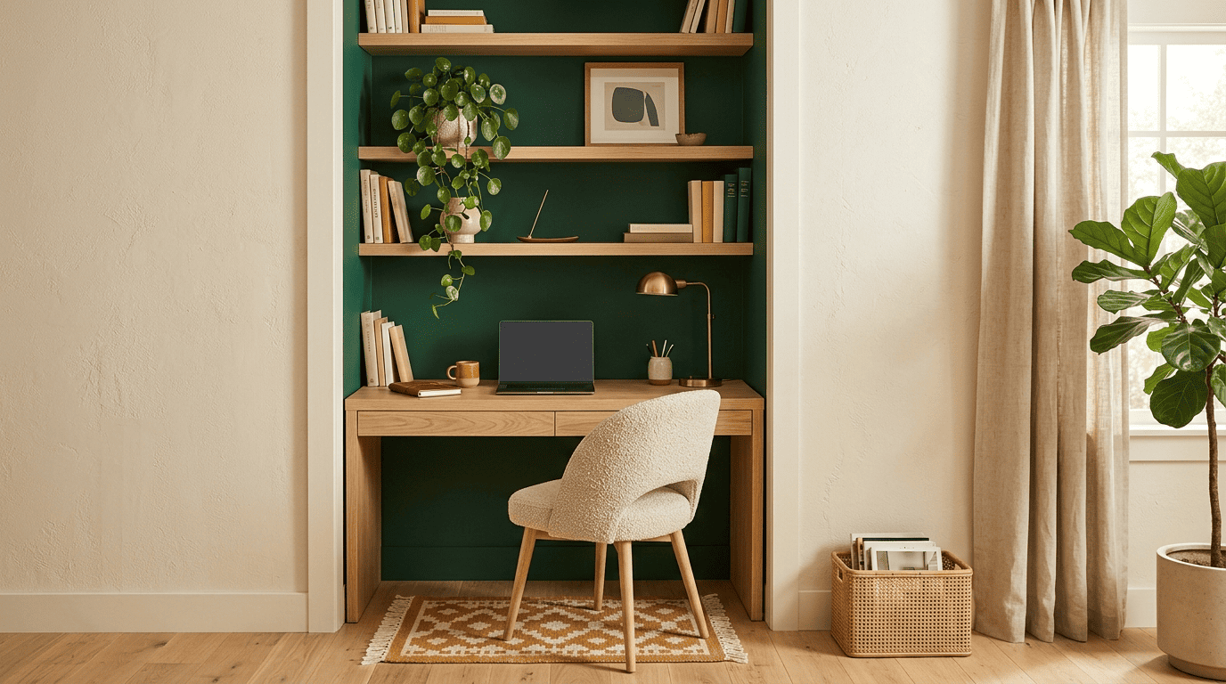 A small home-office nook fitted into an alcove with a calm, uncluttered style