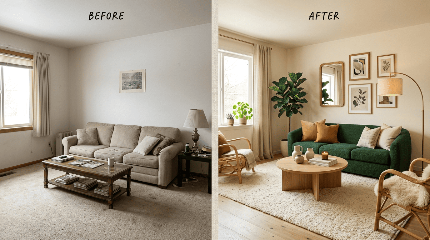 Before and after of the same living room: a dated beige setup transformed into an emerald-and-ochre organic-modern space
