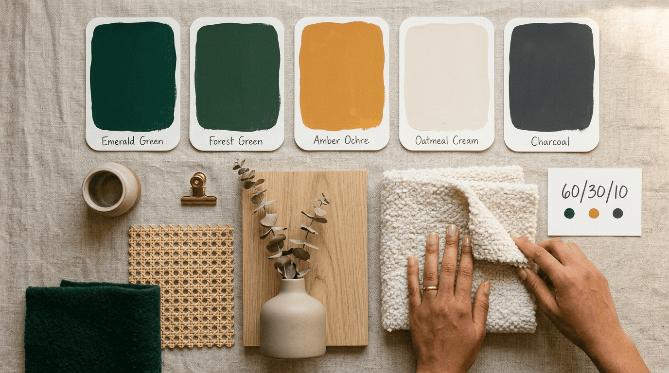 Interior moodboard with emerald, forest green, amber ochre, oatmeal cream and charcoal swatches and a 60/30/10 card