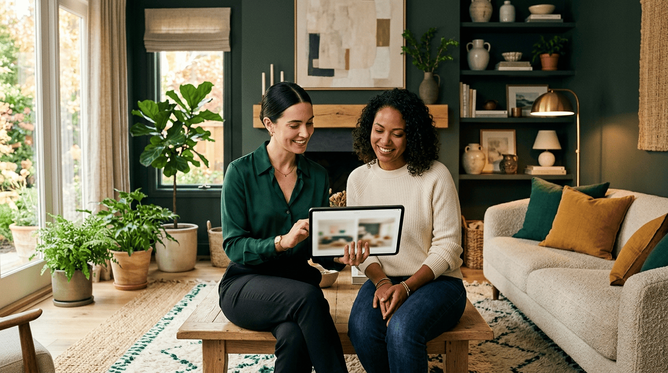 A designer and homeowner comparing two AI living room design variations on a tablet in a styled emerald room