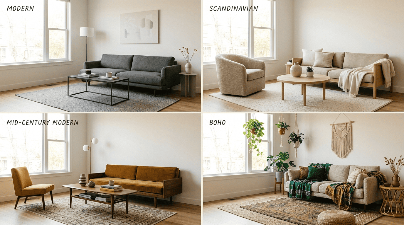 Four-panel grid of the same living room styled as modern, Scandinavian, mid-century modern, and boho