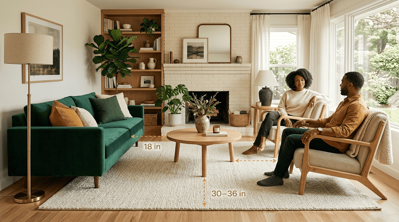 Living room seating layout with an emerald sofa and oak chairs, showing 18-inch and 30 to 36-inch spacing labels