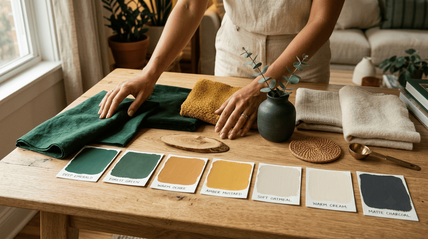Interior color-palette moodboard with emerald, ochre, oatmeal and charcoal paint swatches and fabric samples on an oak table