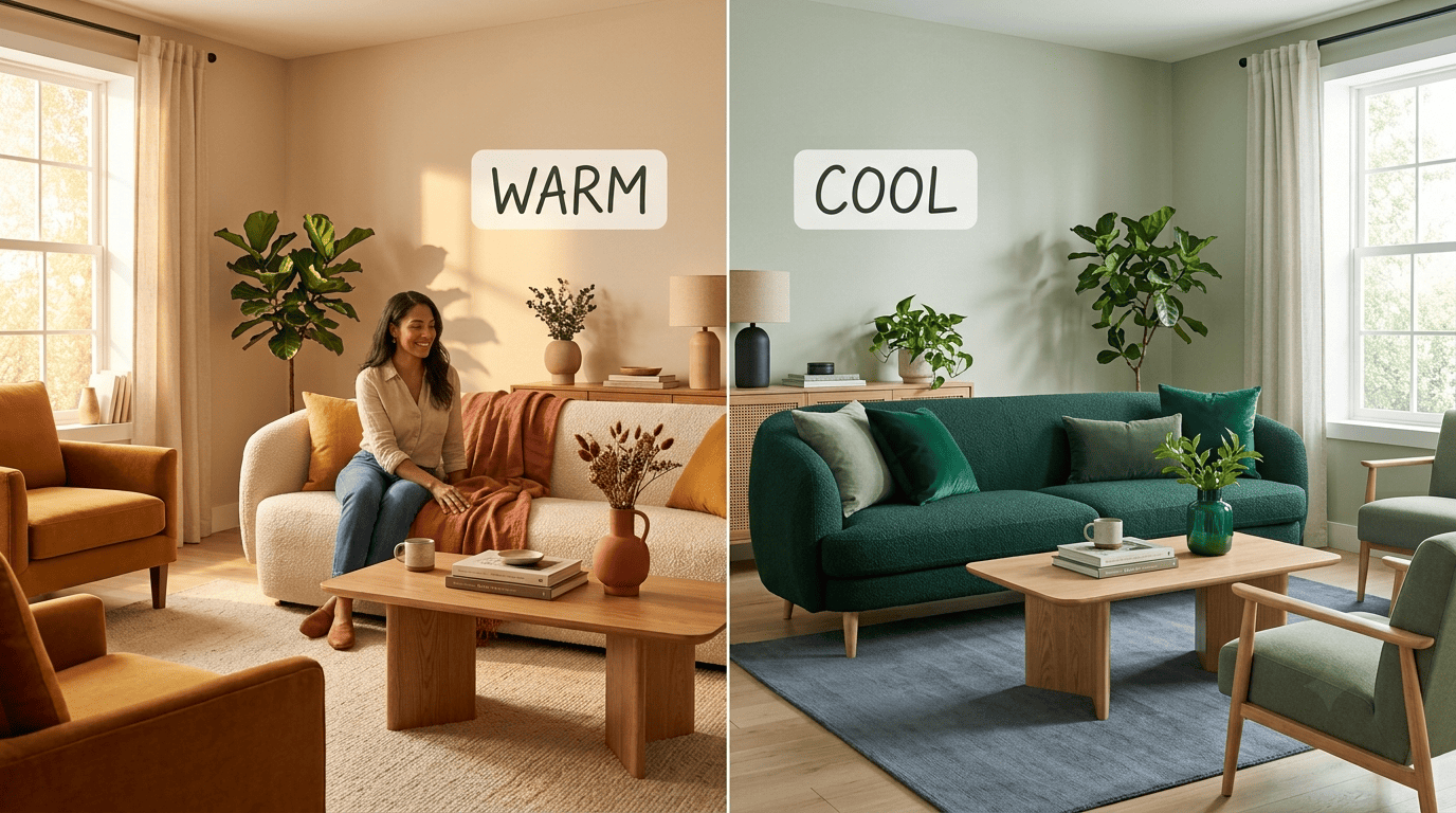Split comparison of the same living room in a warm ochre-amber palette versus a cool emerald-and-sage palette