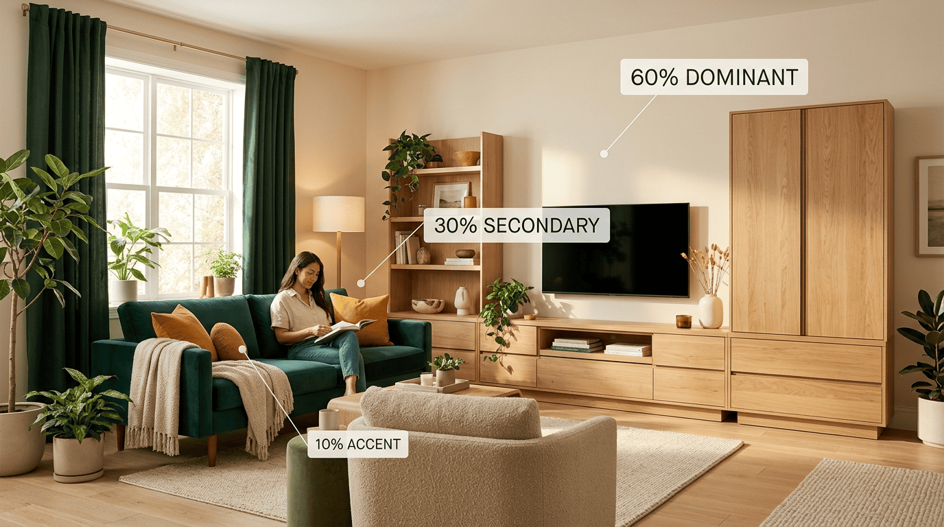 Living room annotated with the 60-30-10 rule: 60% dominant walls, 30% secondary sofa and curtains, 10% accent cushions